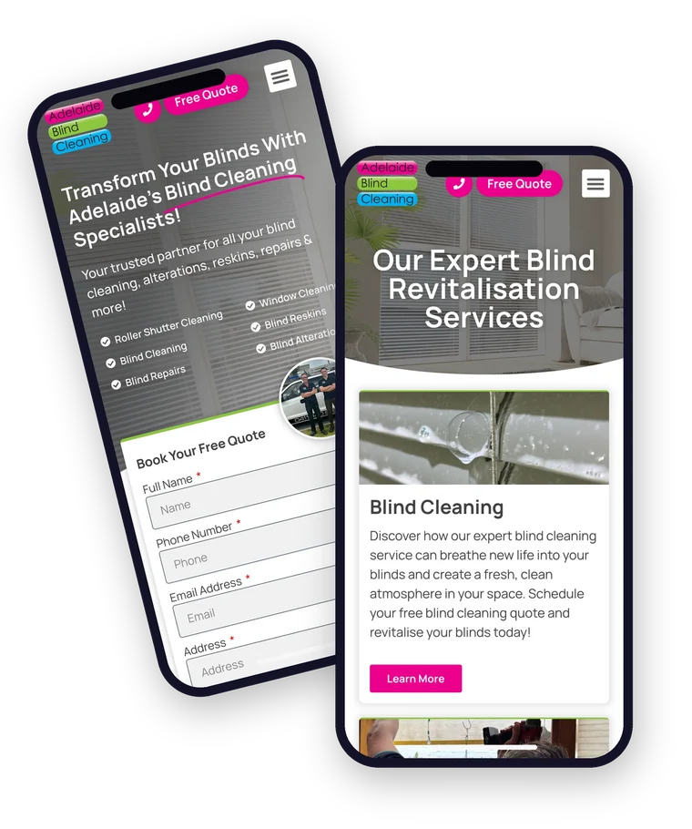 The Adelaide Blind Cleaning website shown on a mobile phone, built by Websites For Tradies