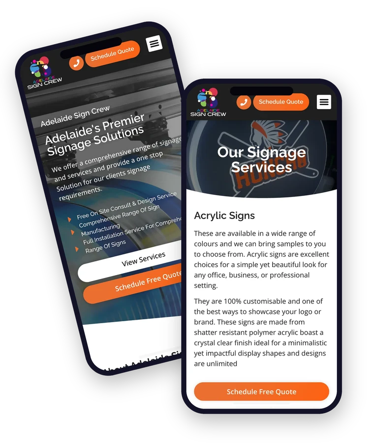 The Adelaide Sign Crew website shown on a mobile phone, built by Websites For Tradies