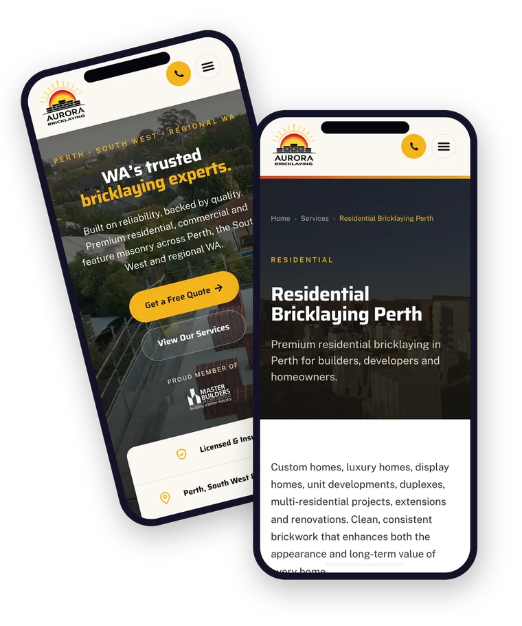 The Aurora Bricklaying website shown on a mobile phone - built for a Perth bricklayer by Websites For Tradies