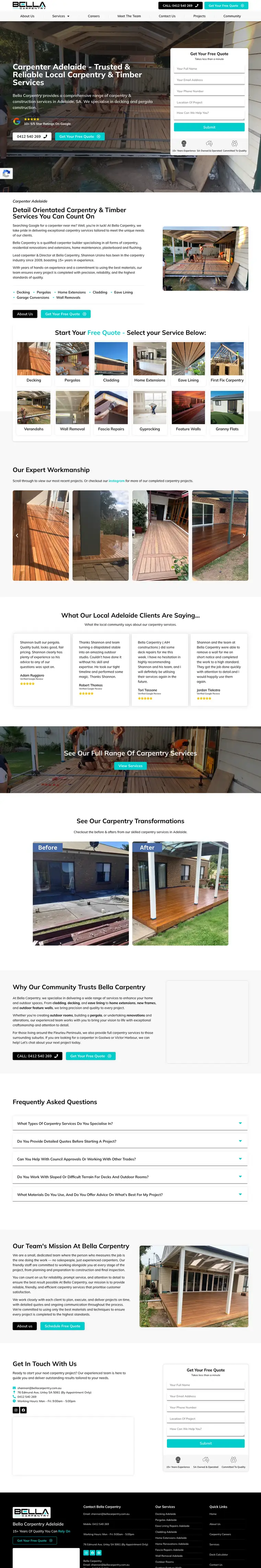Carpenter website design for Bella Carpentry, Adelaide