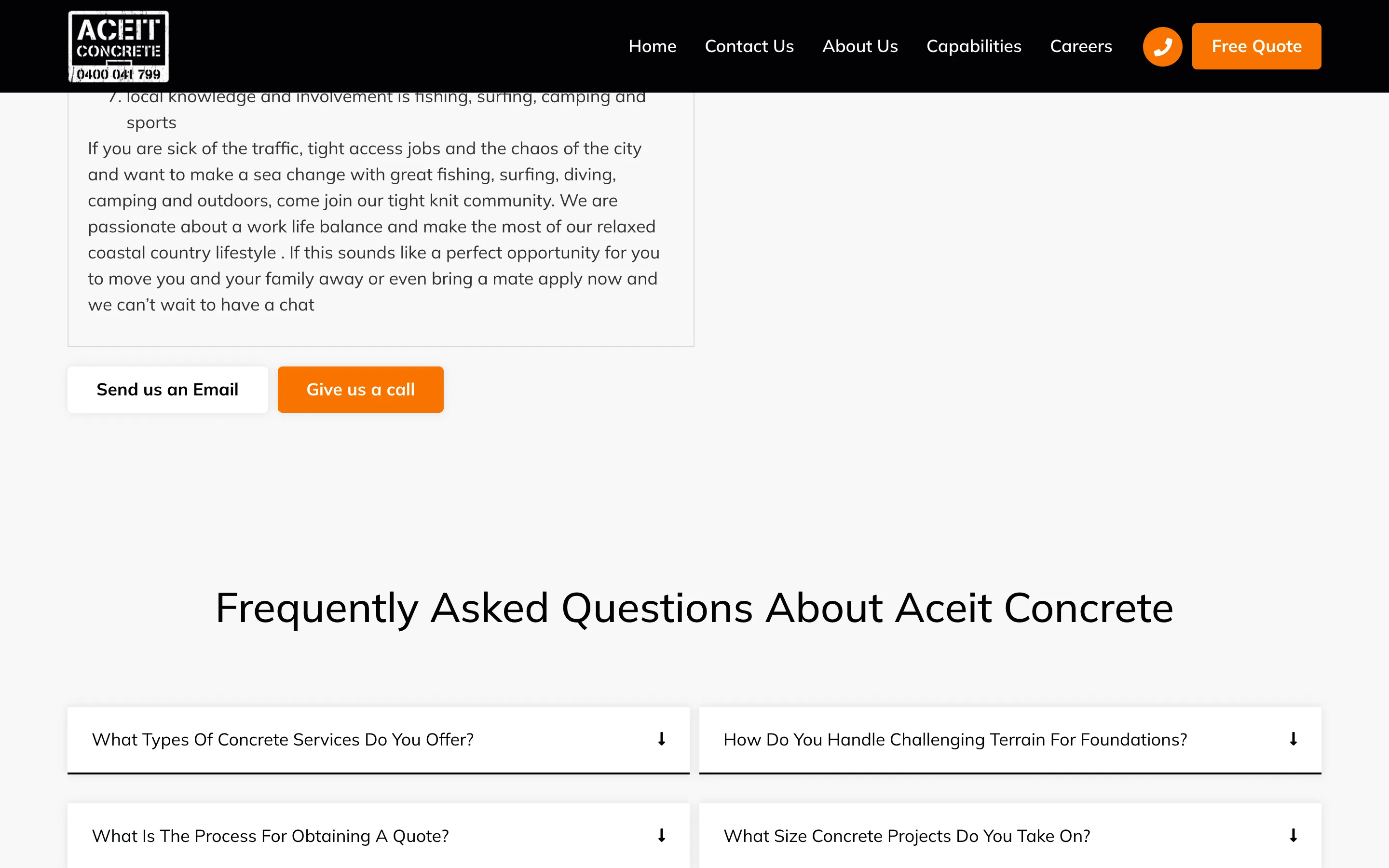 Aceit Concrete website - FAQs page on desktop