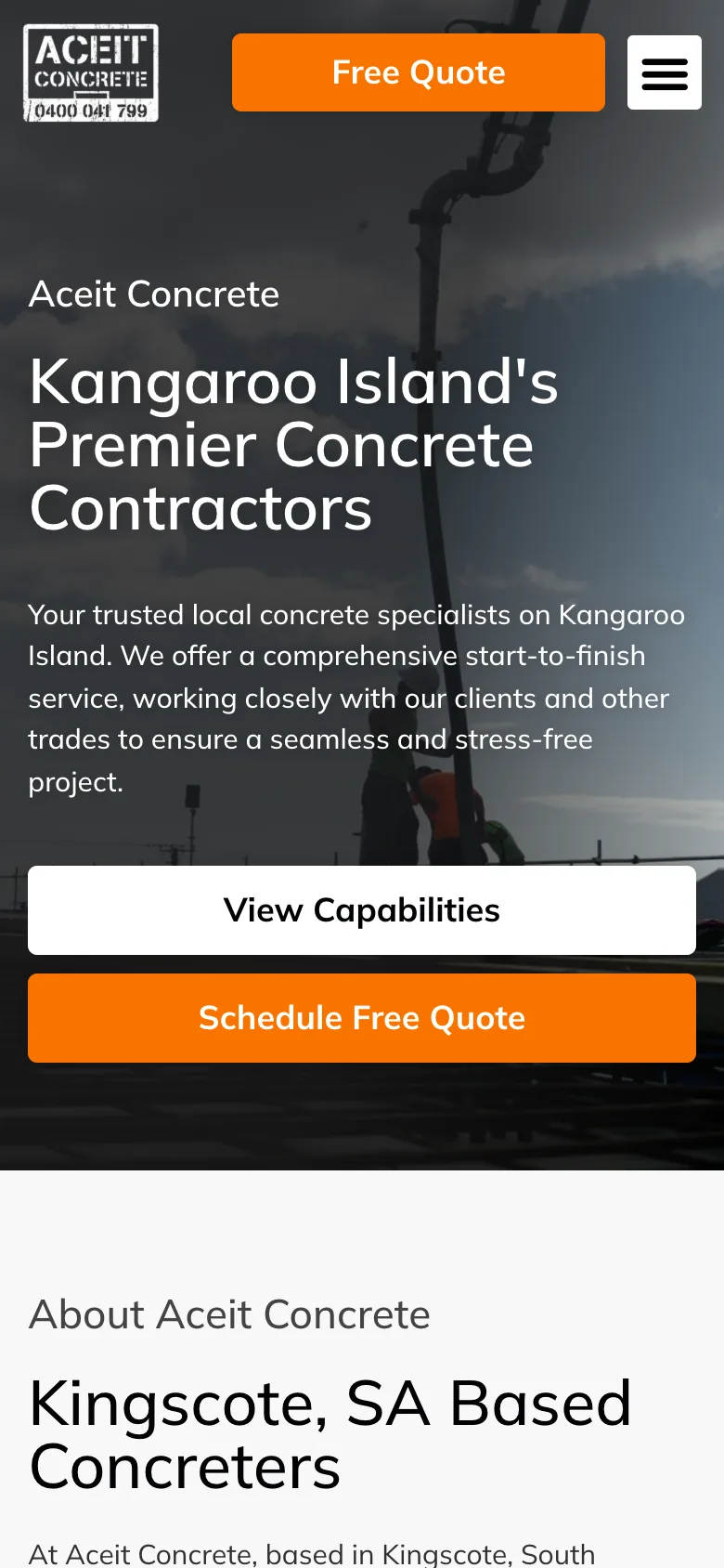 Aceit Concrete website - Home page on mobile