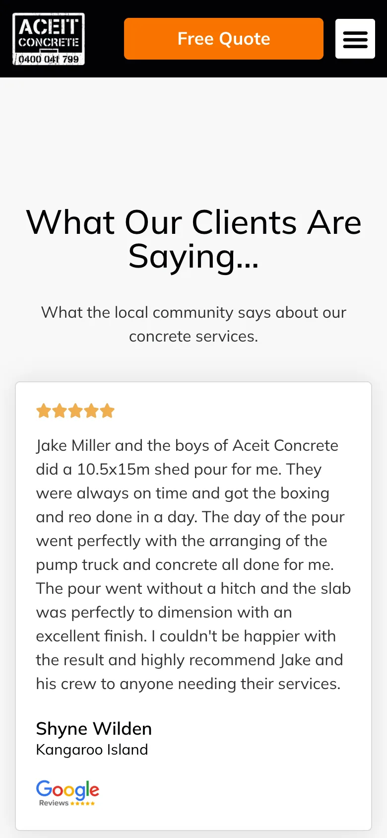 Aceit Concrete website - Set Out & Detailed Excavations page on mobile