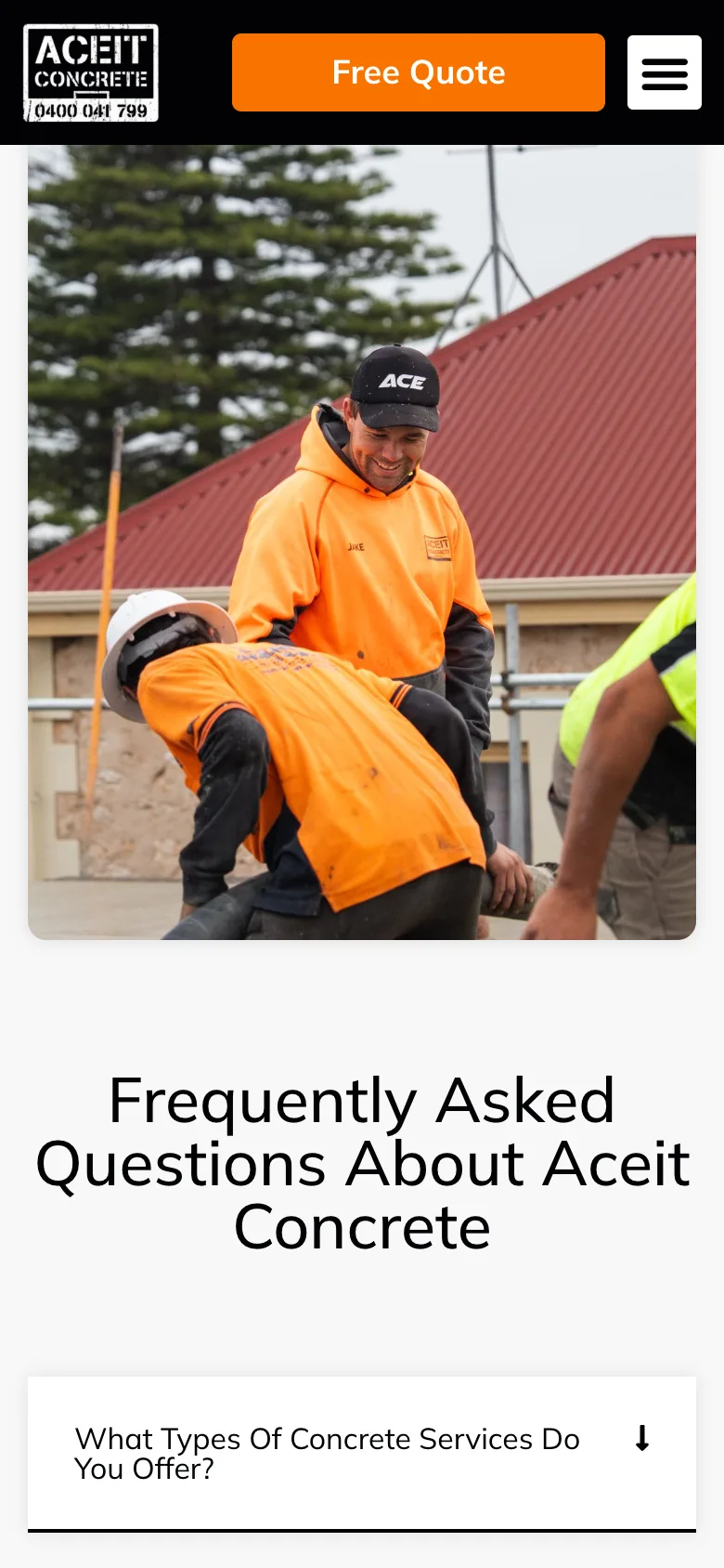 Aceit Concrete website - FAQs page on mobile