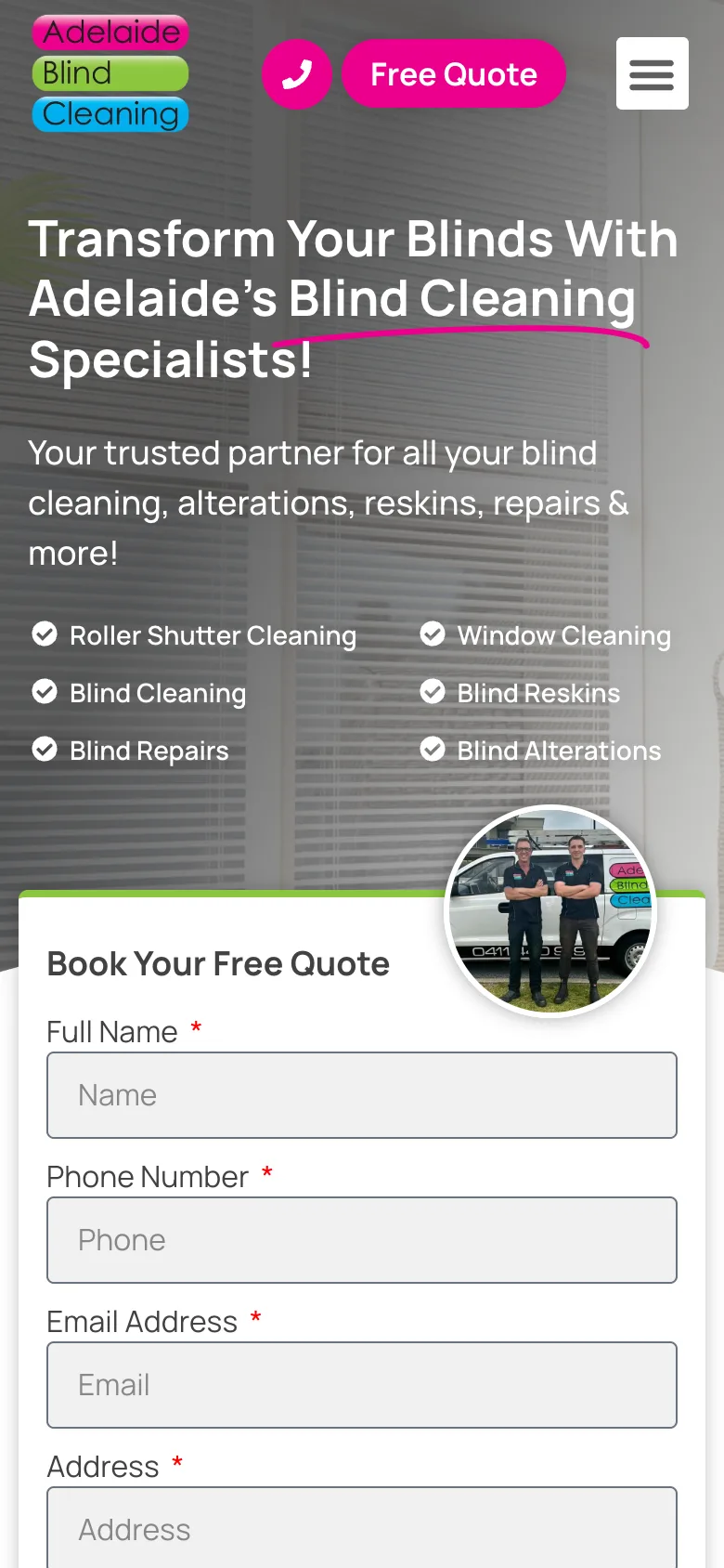 Adelaide Blind Cleaning website - Home page on mobile