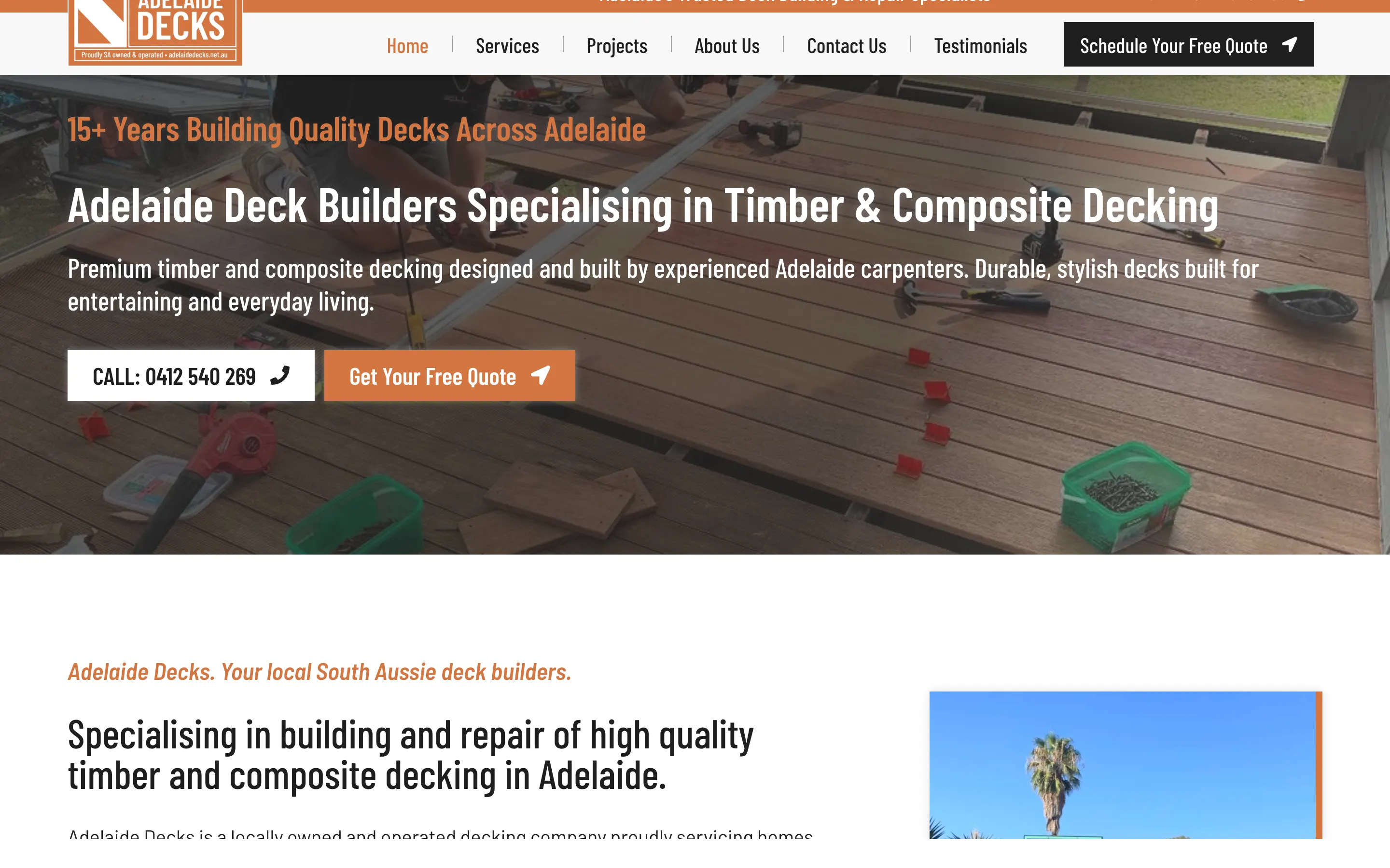 Adelaide Decks website - Home page on desktop
