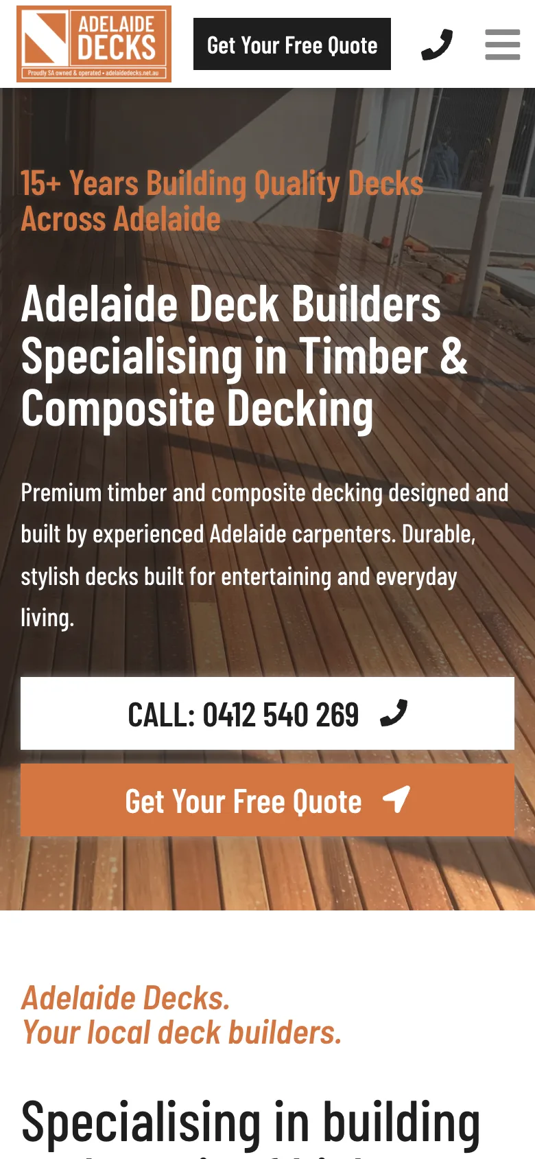 Adelaide Decks mobile website built by Websites For Tradies
