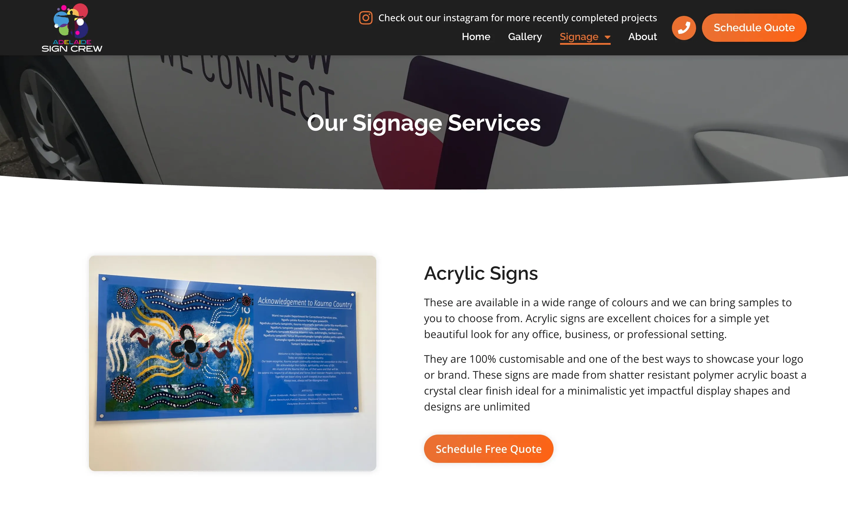 Adelaide Sign Crew website - Our Signage Services page on desktop