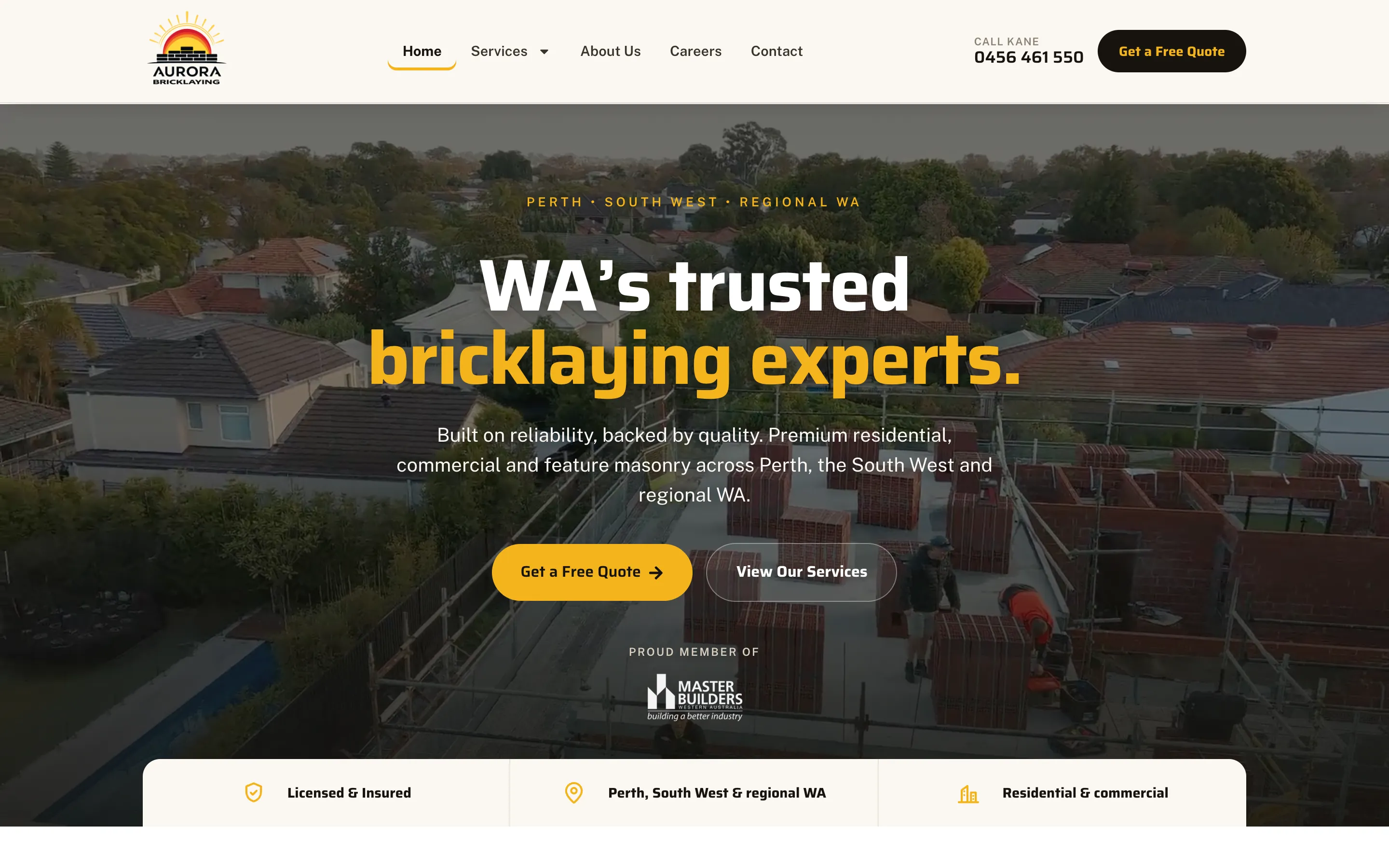 Aurora Bricklaying website - Home page on desktop