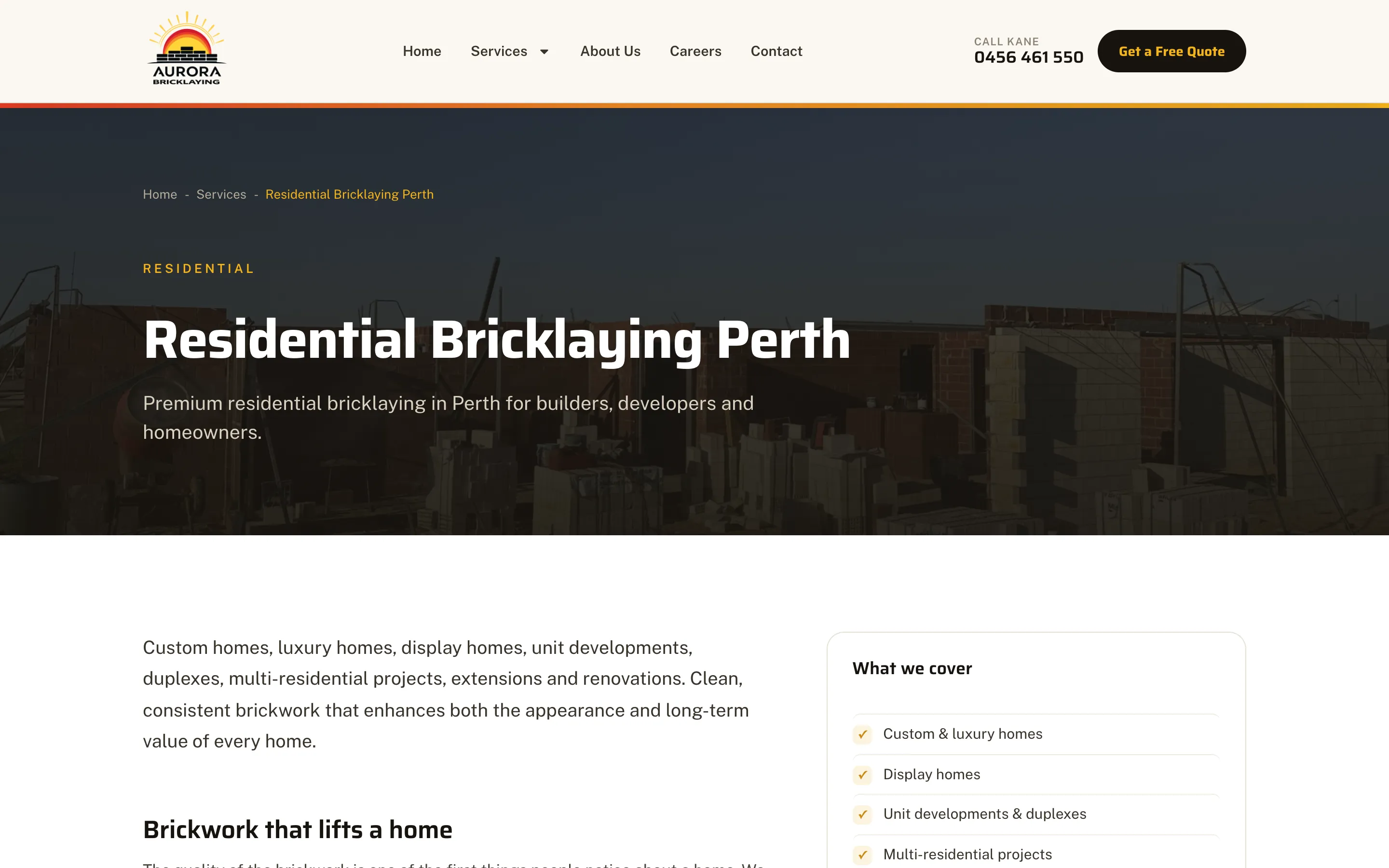 Aurora Bricklaying website - Residential Bricklaying page on desktop