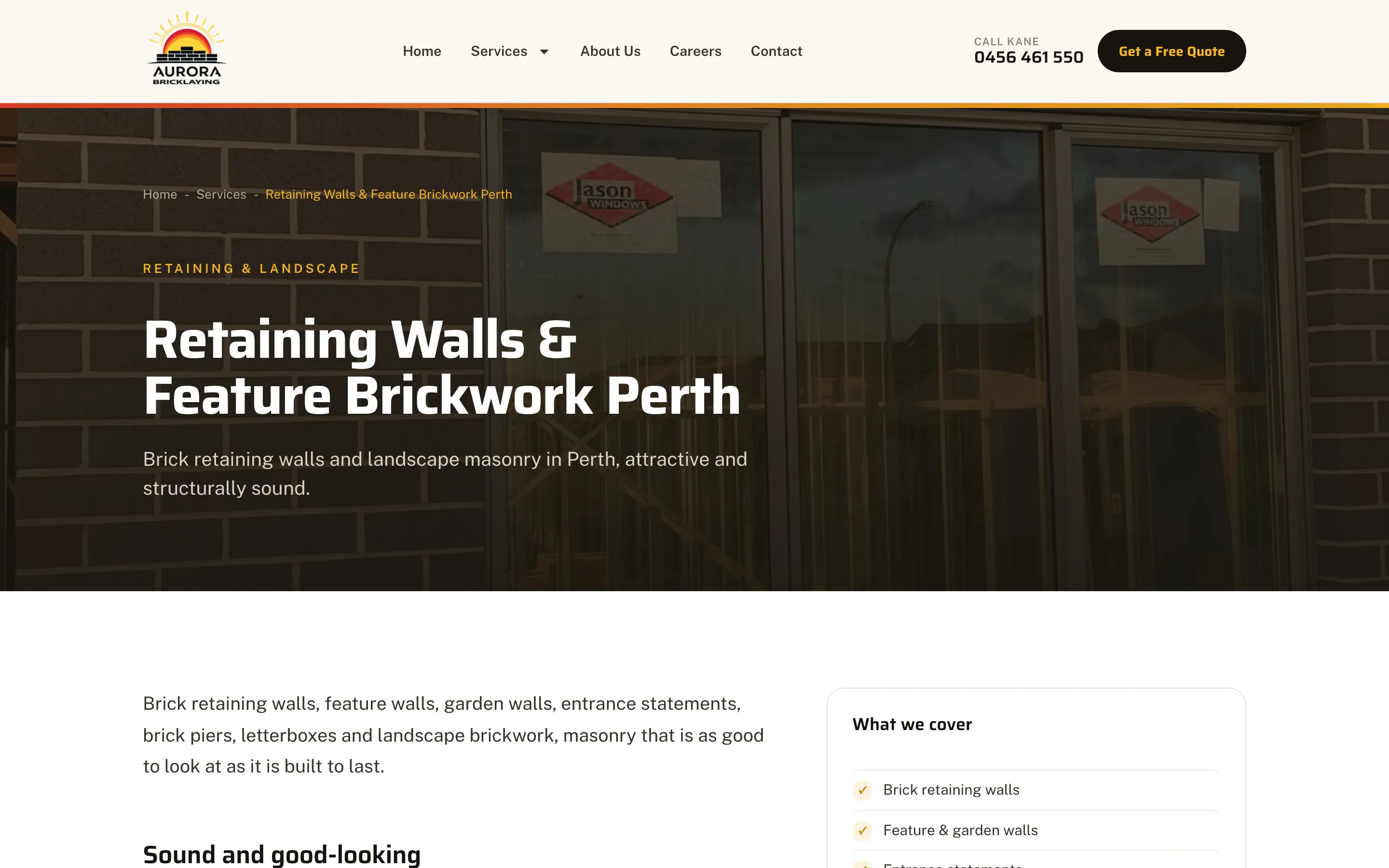 Aurora Bricklaying website - Retaining Walls & Feature Brickwork page on desktop