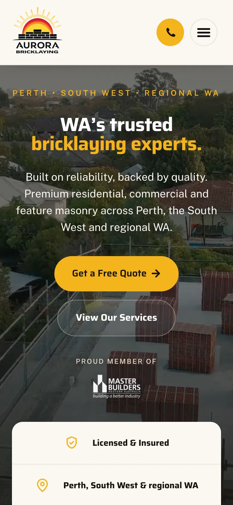 Aurora Bricklaying mobile website built by Websites For Tradies