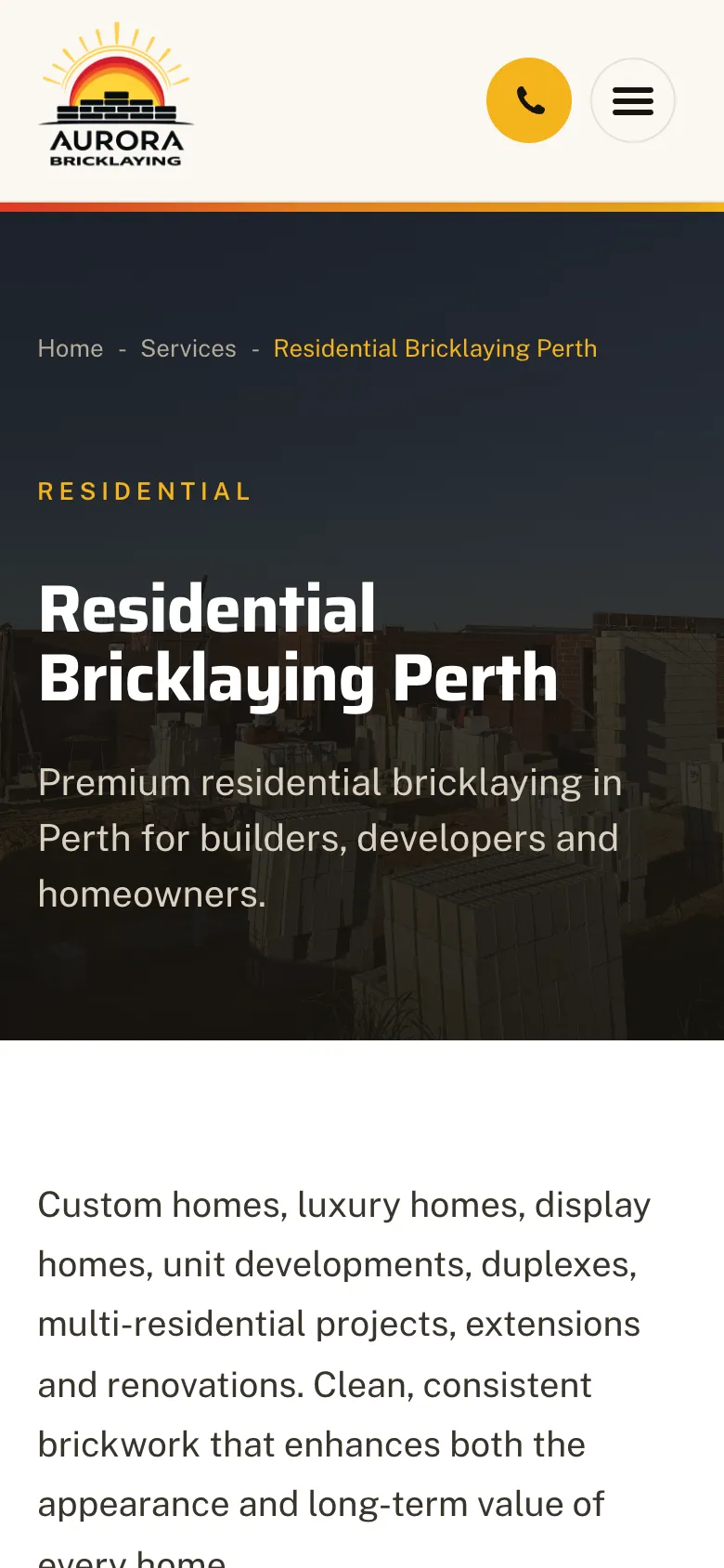 Aurora Bricklaying website - Residential Bricklaying page on mobile