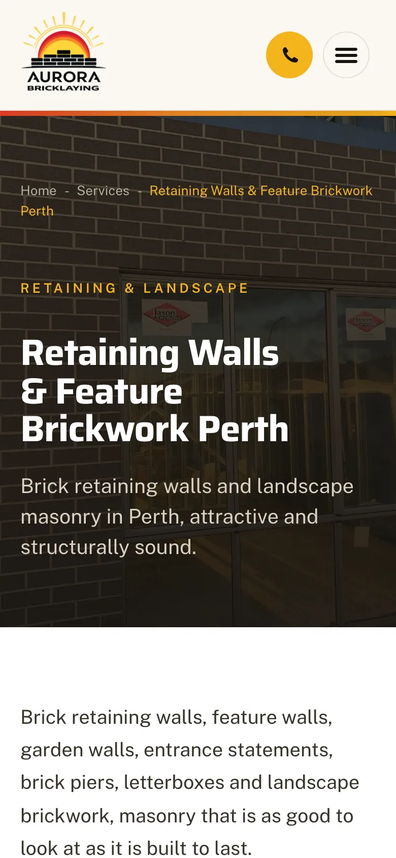 Aurora Bricklaying website - Retaining Walls & Feature Brickwork page on mobile