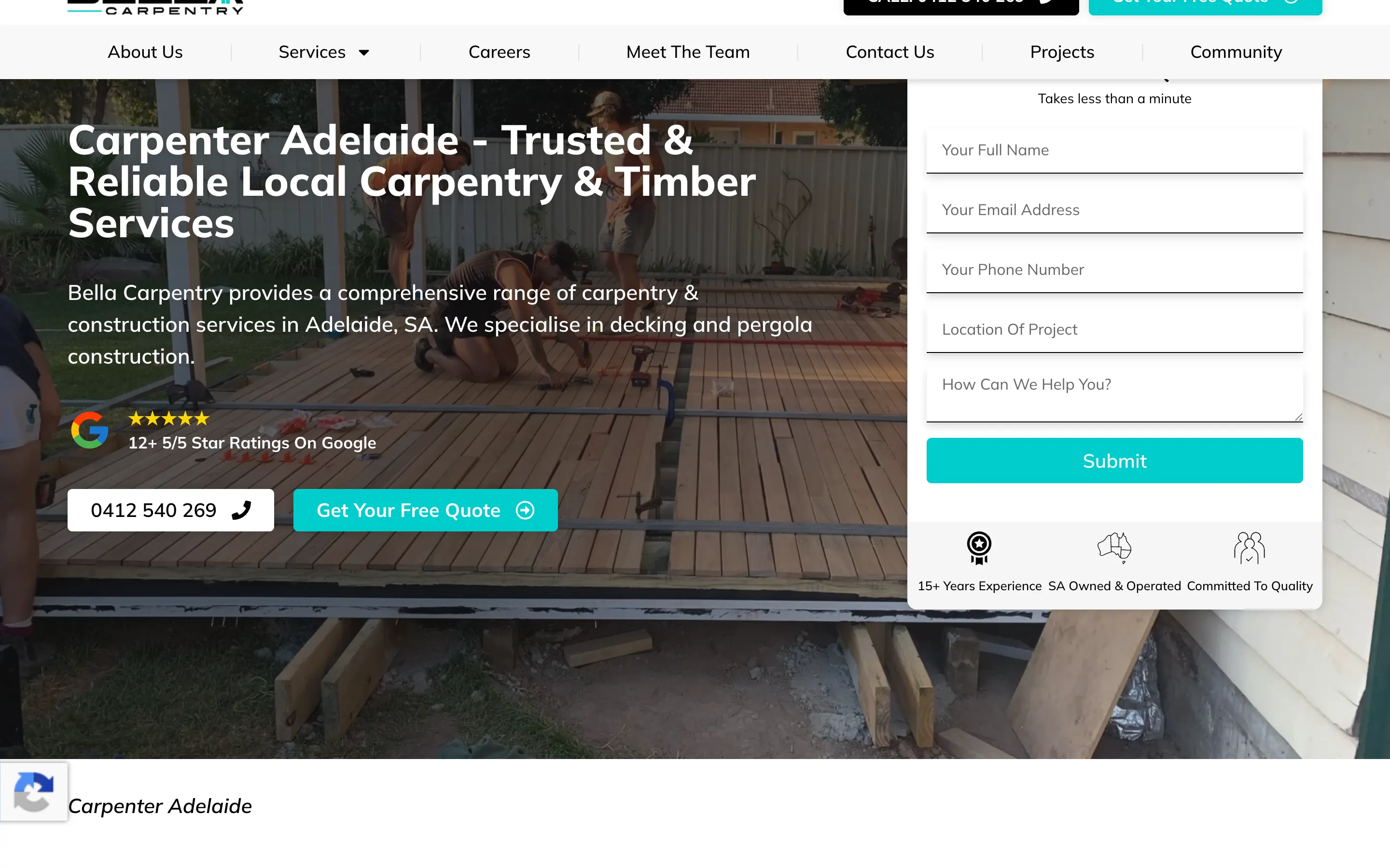 Bella Carpentry website - Home page on desktop