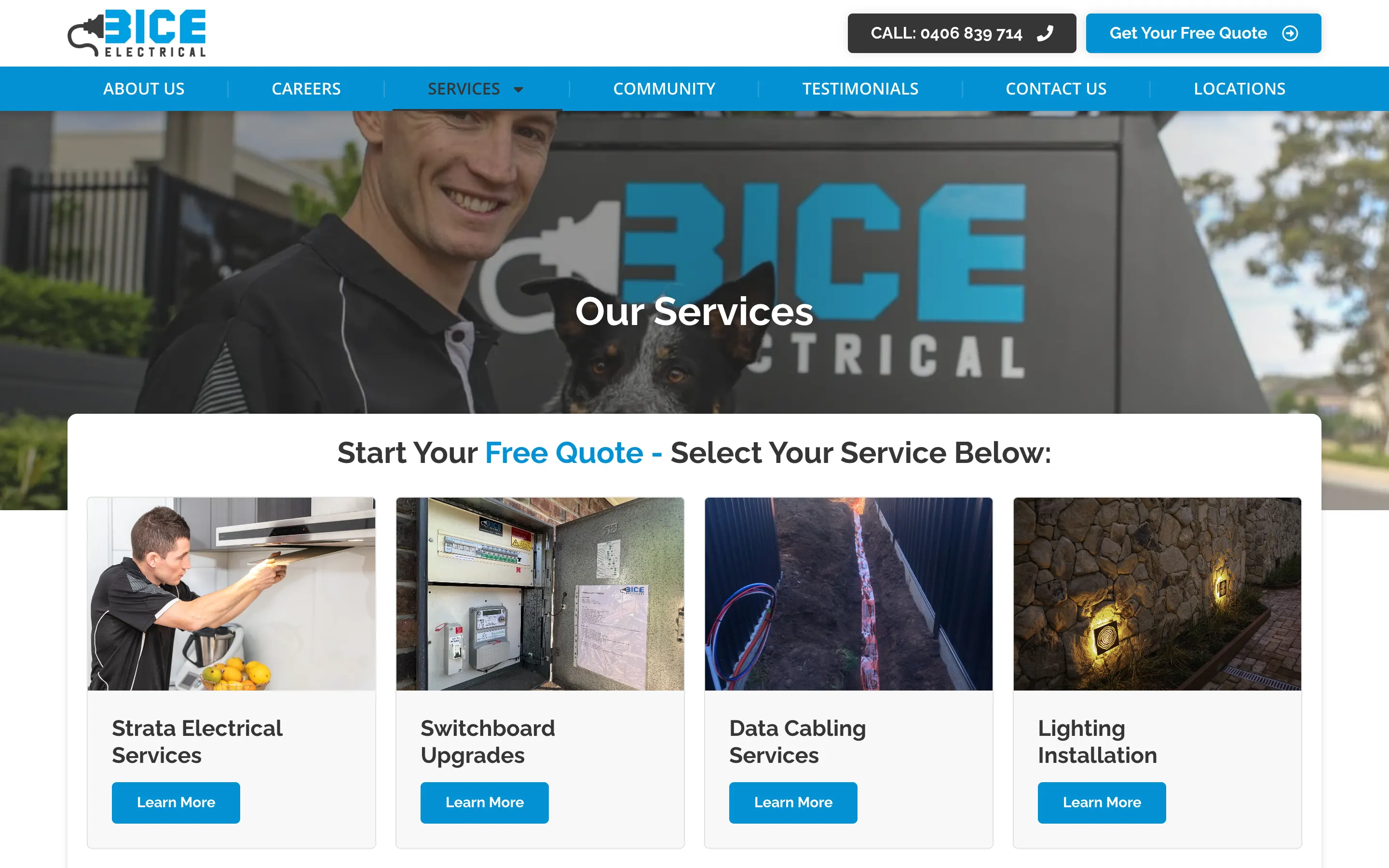 BICE Electrical website - Our Services page on desktop