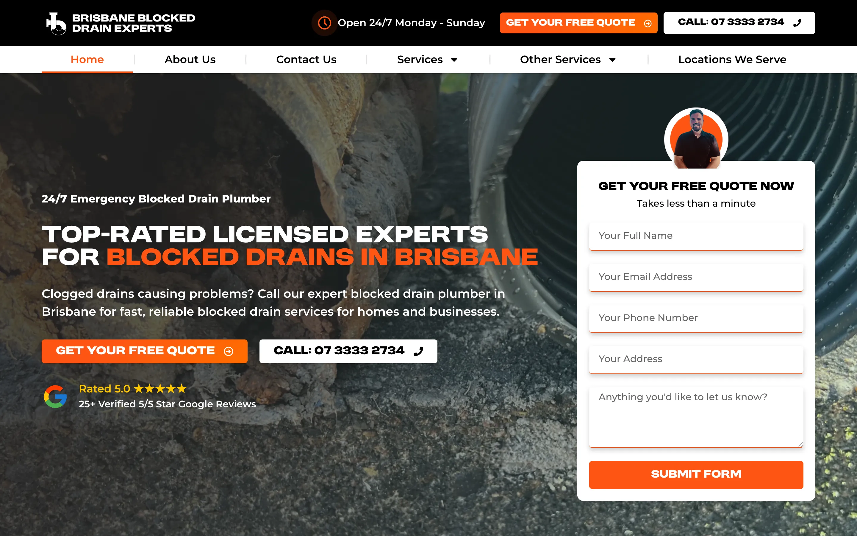 Brisbane Blocked Drain Experts website - Home page on desktop