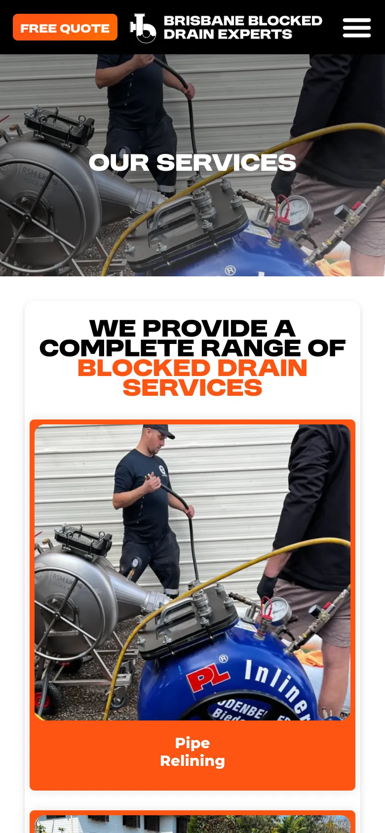 Brisbane Blocked Drain Experts website - Our Services page on mobile