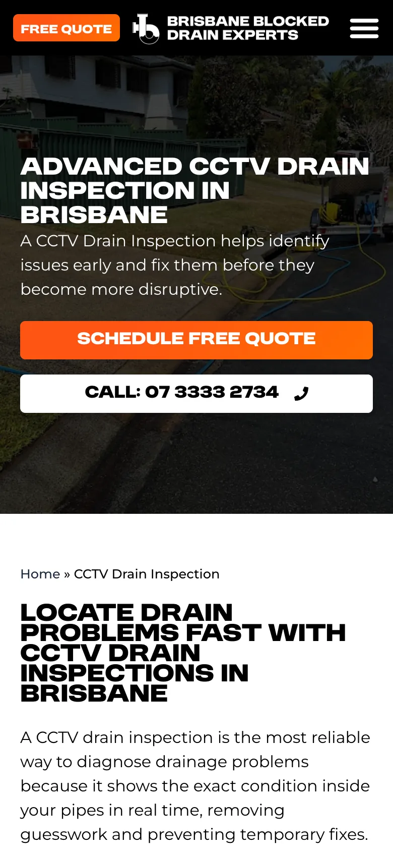 Brisbane Blocked Drain Experts website - CCTV Drain Inspection page on mobile