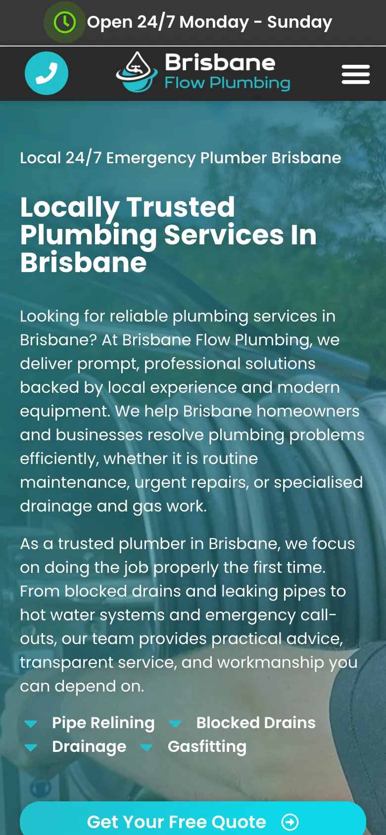 Brisbane Flow Plumbing website - Home page on mobile