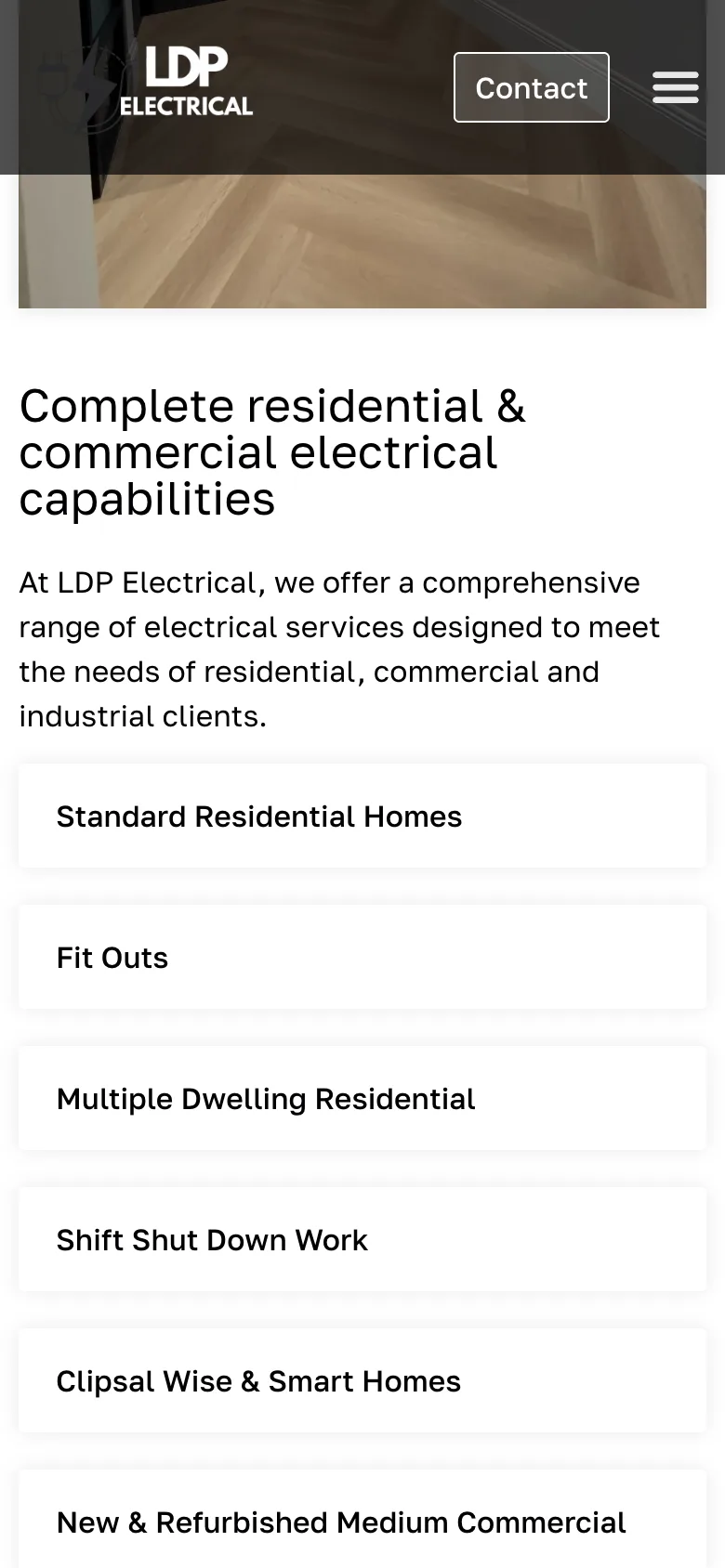 LDP Electrical website - Services page on mobile