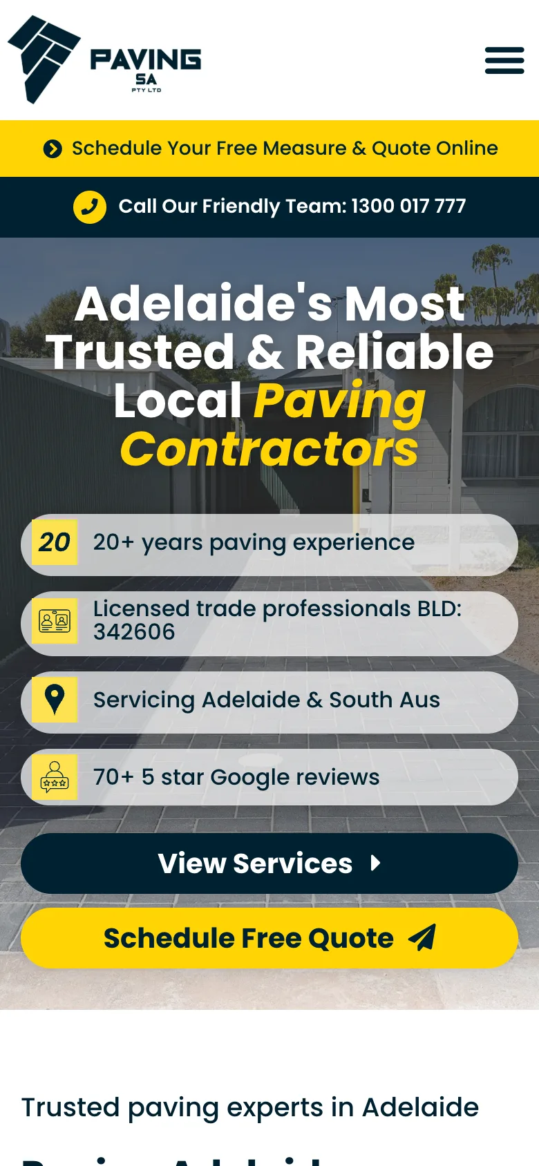 Paving SA website - Home page on mobile