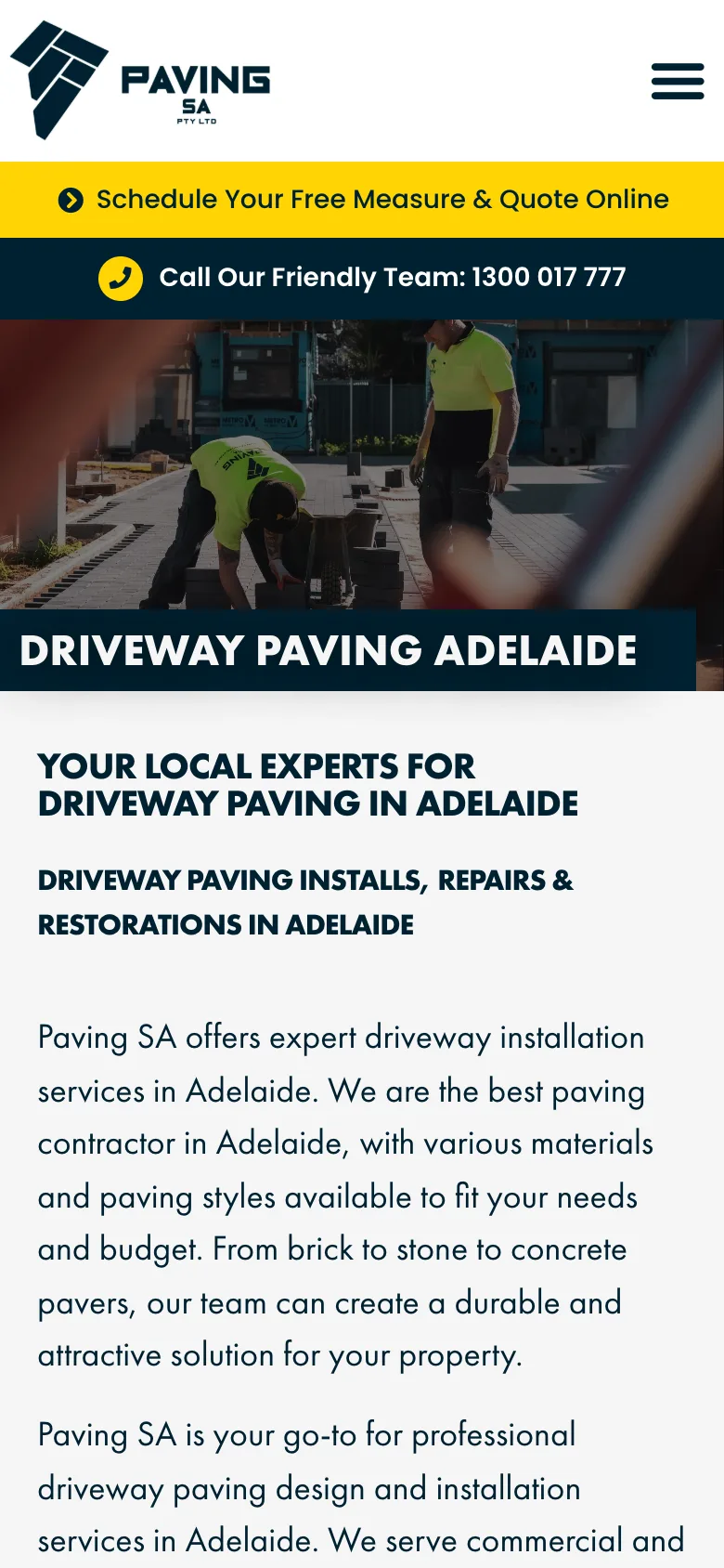Paving SA website - Driveway Paving page on mobile