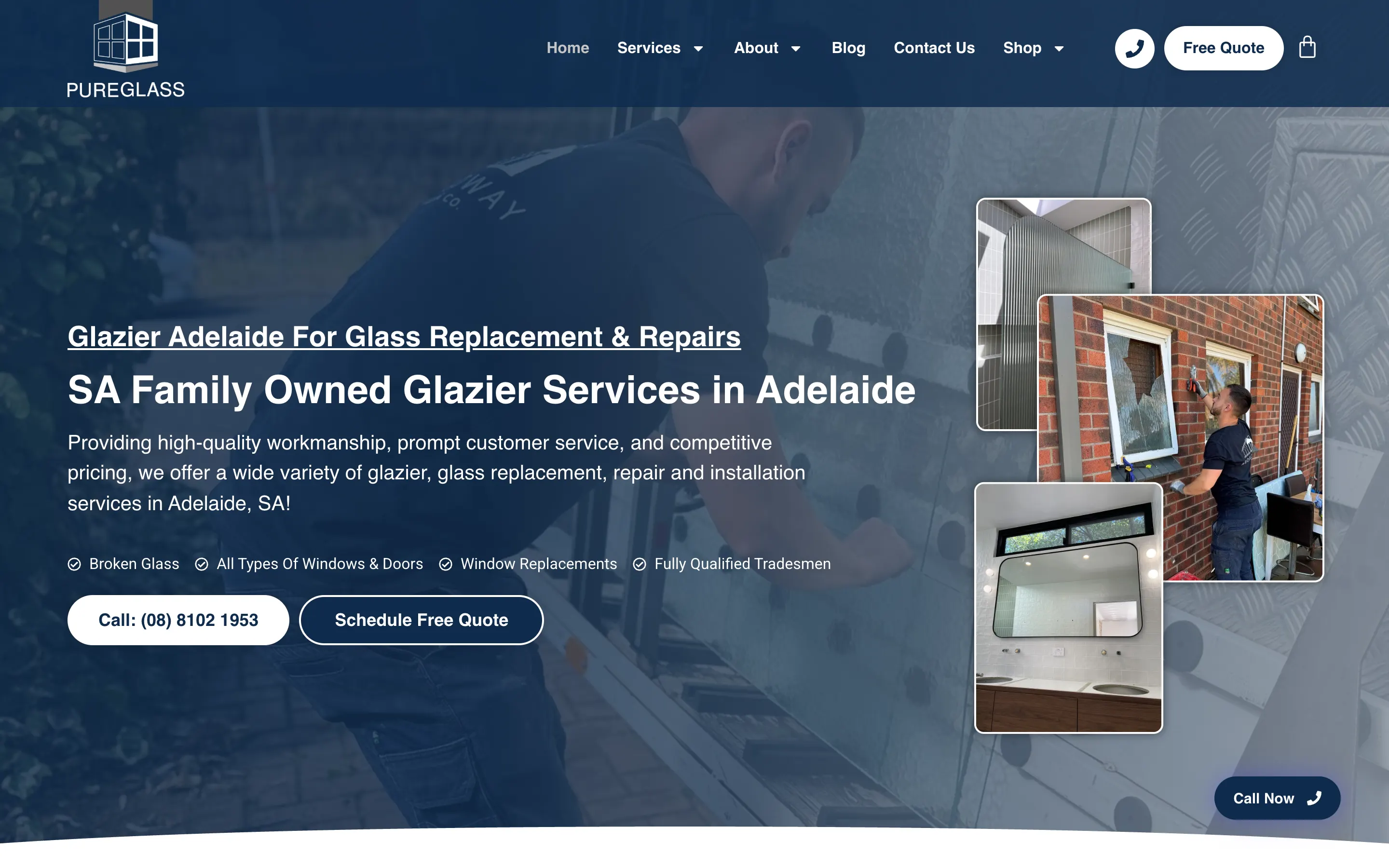 Pure Glass SA website - Home page on desktop