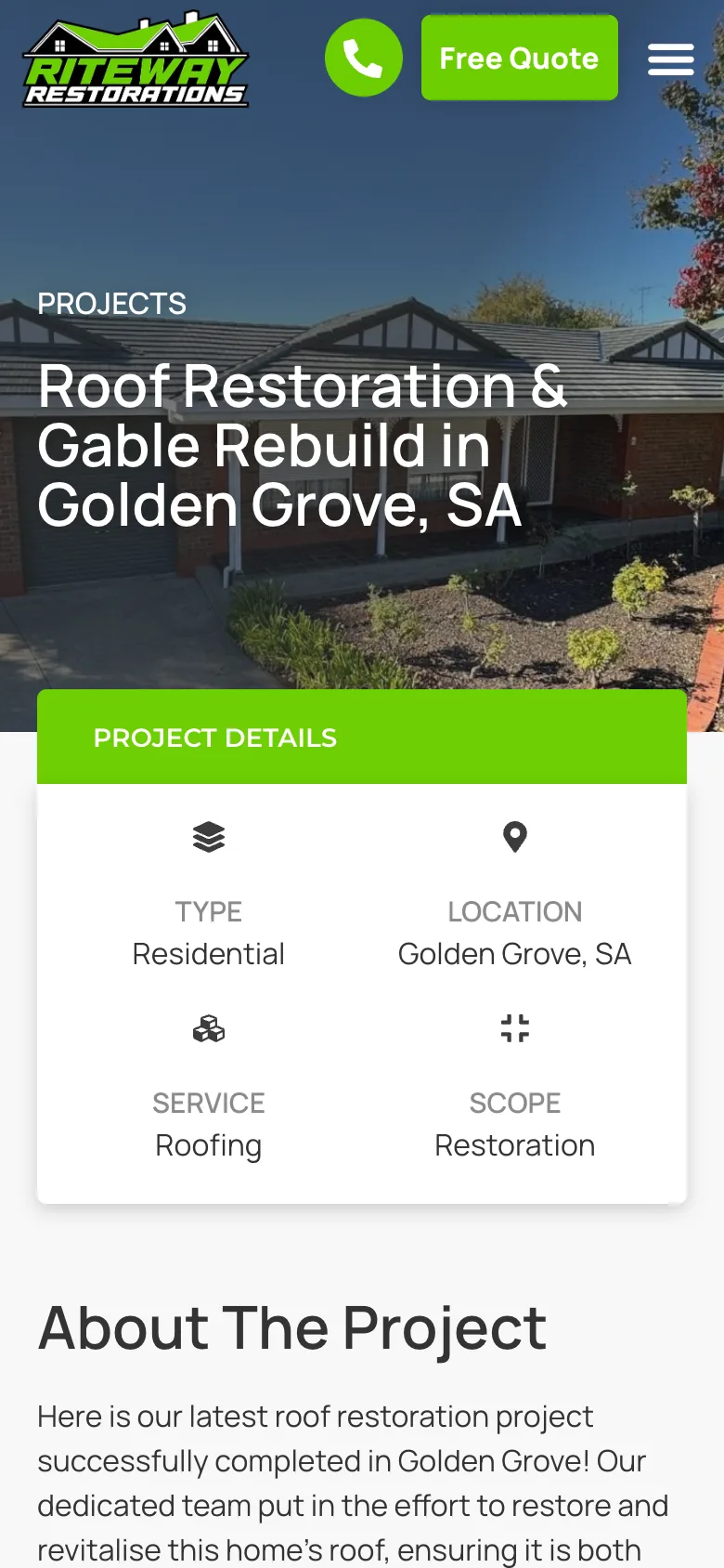 Riteway Restorations website - Roof Restoration Project page on mobile