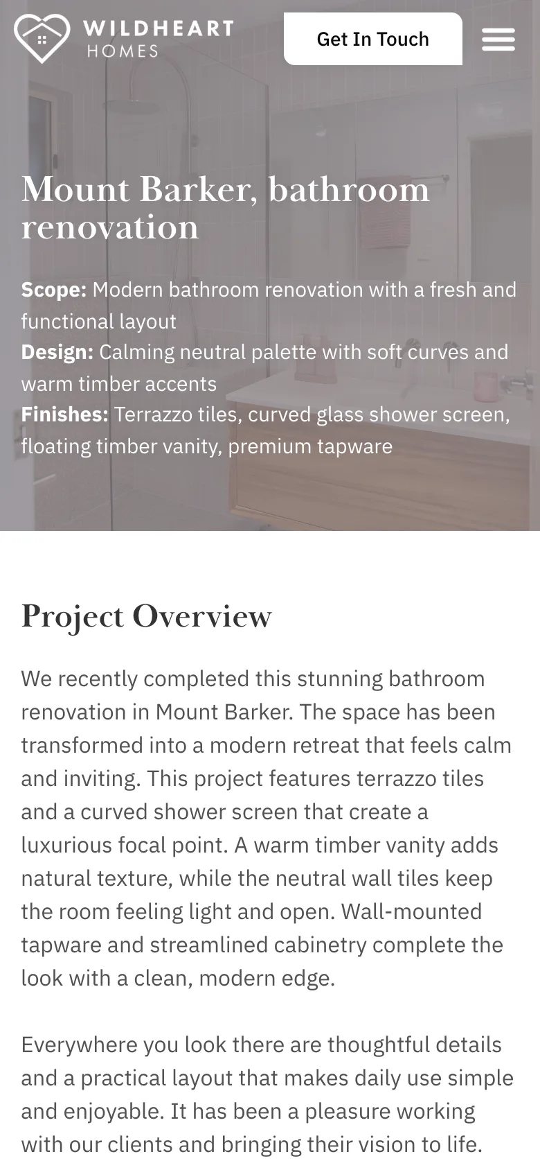 Wildheart Homes website - Bathroom Renovation Project page on mobile